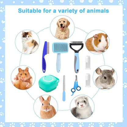 Pet Grooming Kit, 8 Counts/Set Pet Grooming Brush Set, Including Pet Nail Clipper & Scissors & Shampoo Brush & Hair Removal Brush & Silicone Toothbrush, Dog & Cat Grooming Supplies