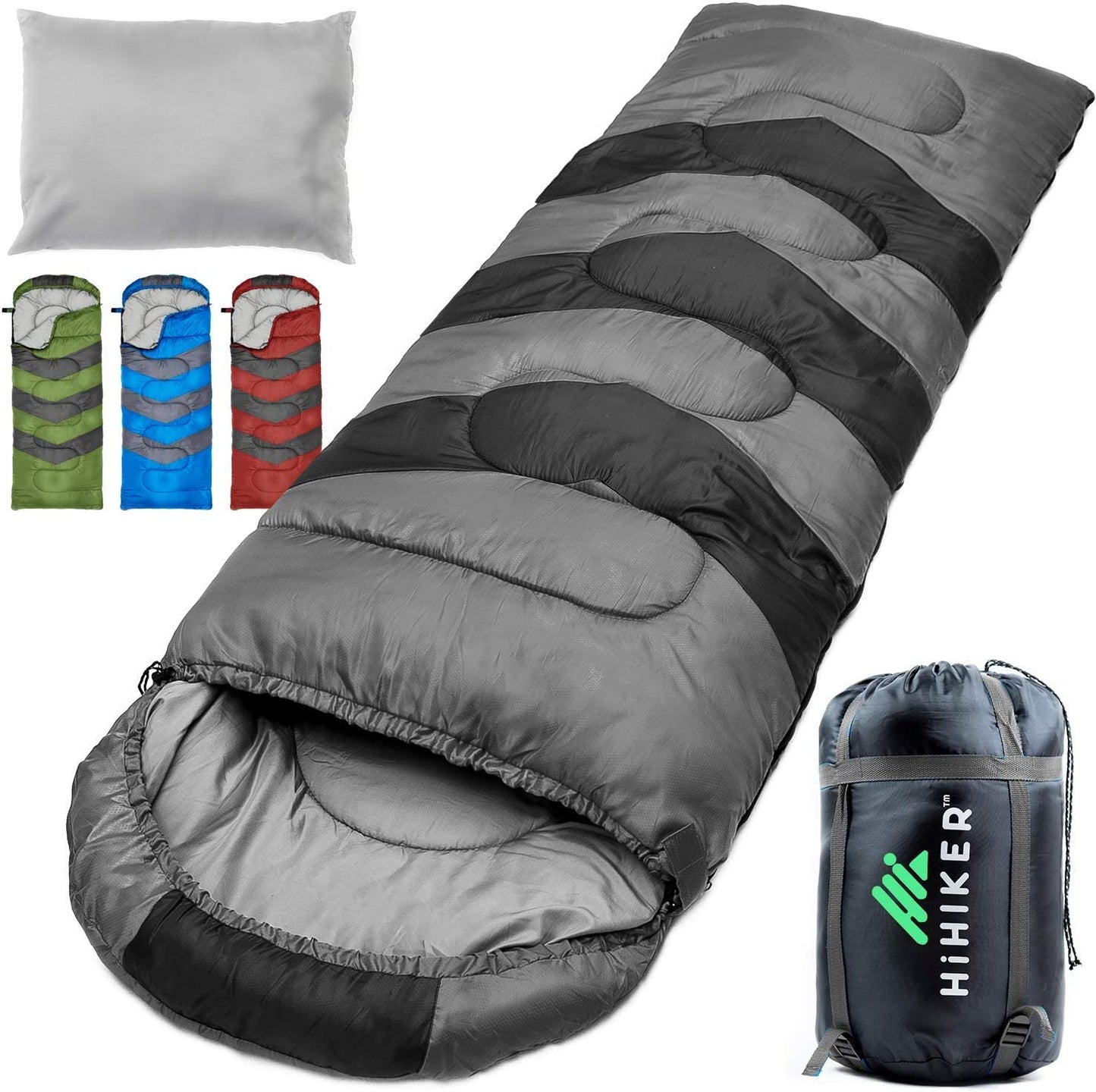 Camping Sleeping Bag + Travel Pillow W/Compact Compression Sack – 4 Season Sleeping Bag for Adults & Kids – Lightweight Warm and Washable, for Hiking Traveling.