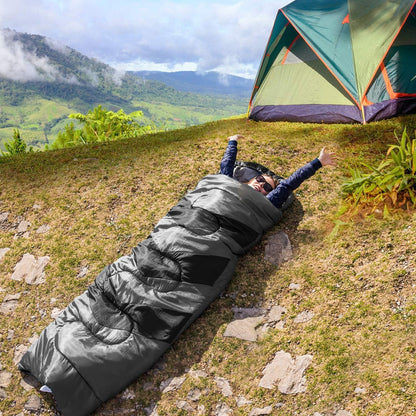 Camping Sleeping Bag + Travel Pillow W/Compact Compression Sack – 4 Season Sleeping Bag for Adults & Kids – Lightweight Warm and Washable, for Hiking Traveling.