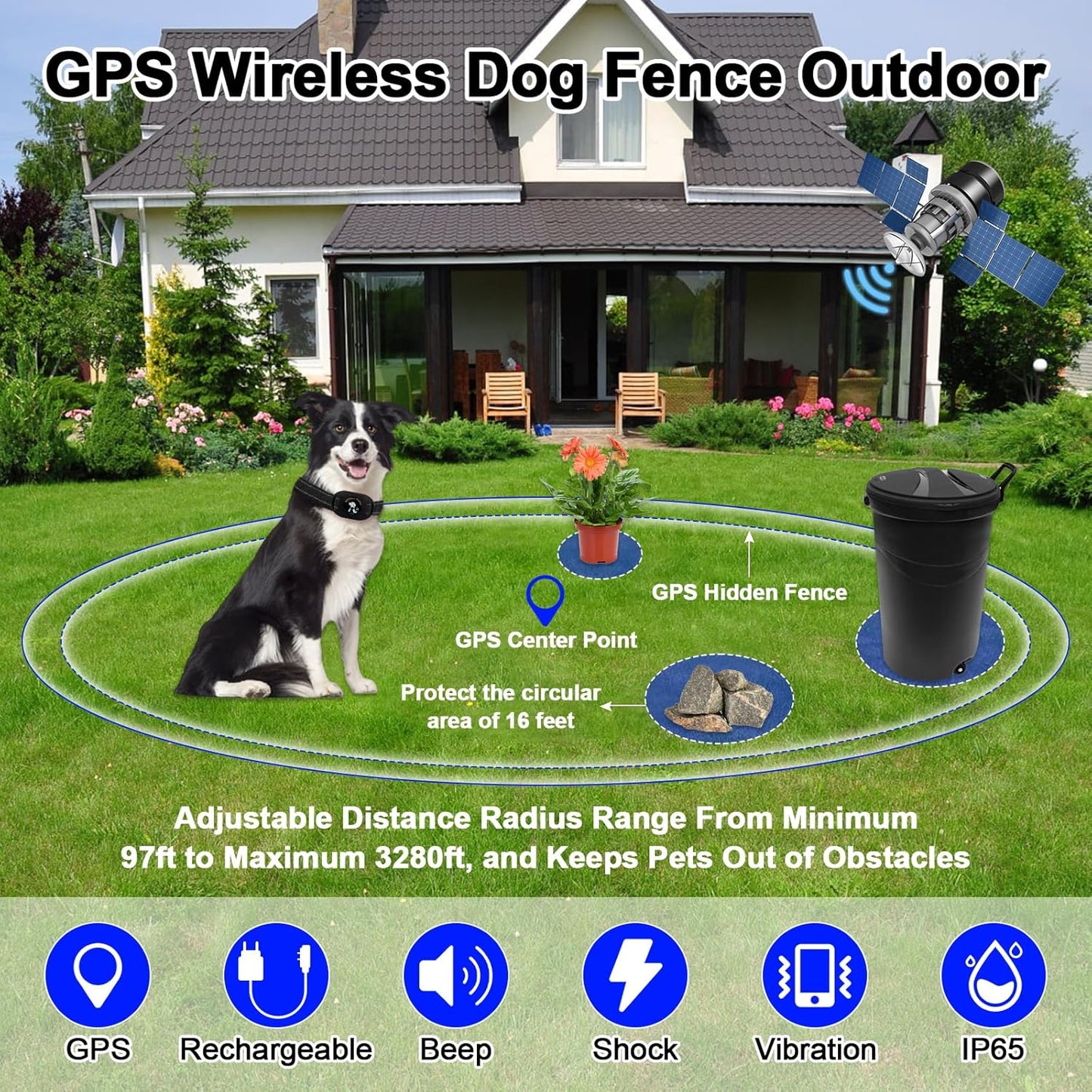 GPS Wireless Dog Fence and Outdoor Pet Barrier 2 in 1, Range 97-3280Ft Electric Dog Fence for All Dogs, Keeps Pets Out of Obstacles, Adjustable Warning Strength (Black)