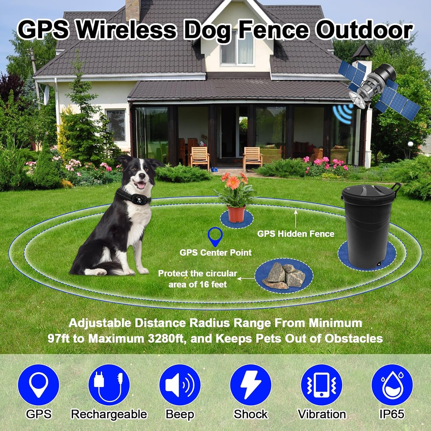 GPS Wireless Dog Fence and Outdoor Pet Barrier 2 in 1, Range 97-3280Ft Electric Dog Fence for All Dogs, Keeps Pets Out of Obstacles, Adjustable Warning Strength (Black)