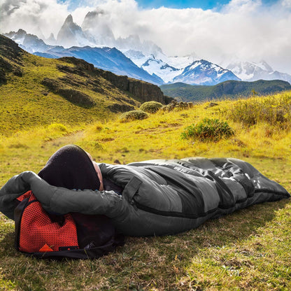 Camping Sleeping Bag + Travel Pillow W/Compact Compression Sack – 4 Season Sleeping Bag for Adults & Kids – Lightweight Warm and Washable, for Hiking Traveling.