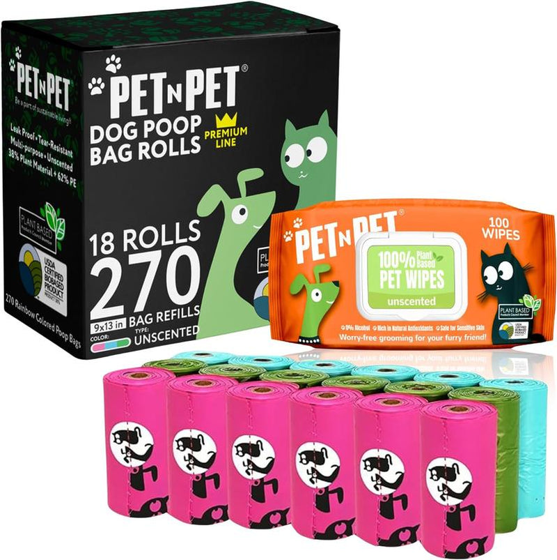 Pet N Pet Colorful Poop Bags, 270 Count (38% Plant-Based) + 100% Plant-Based Dog Wipes, 100 Count Hypoallergenic, 8" X 8"