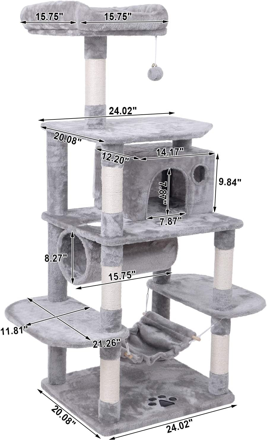 Cat Tree Condo Furniture Kitten Activity Tower Pet Kitty Play House with Scratching Posts Perch Hammock Tunnel MMJ02 (Light Grey)