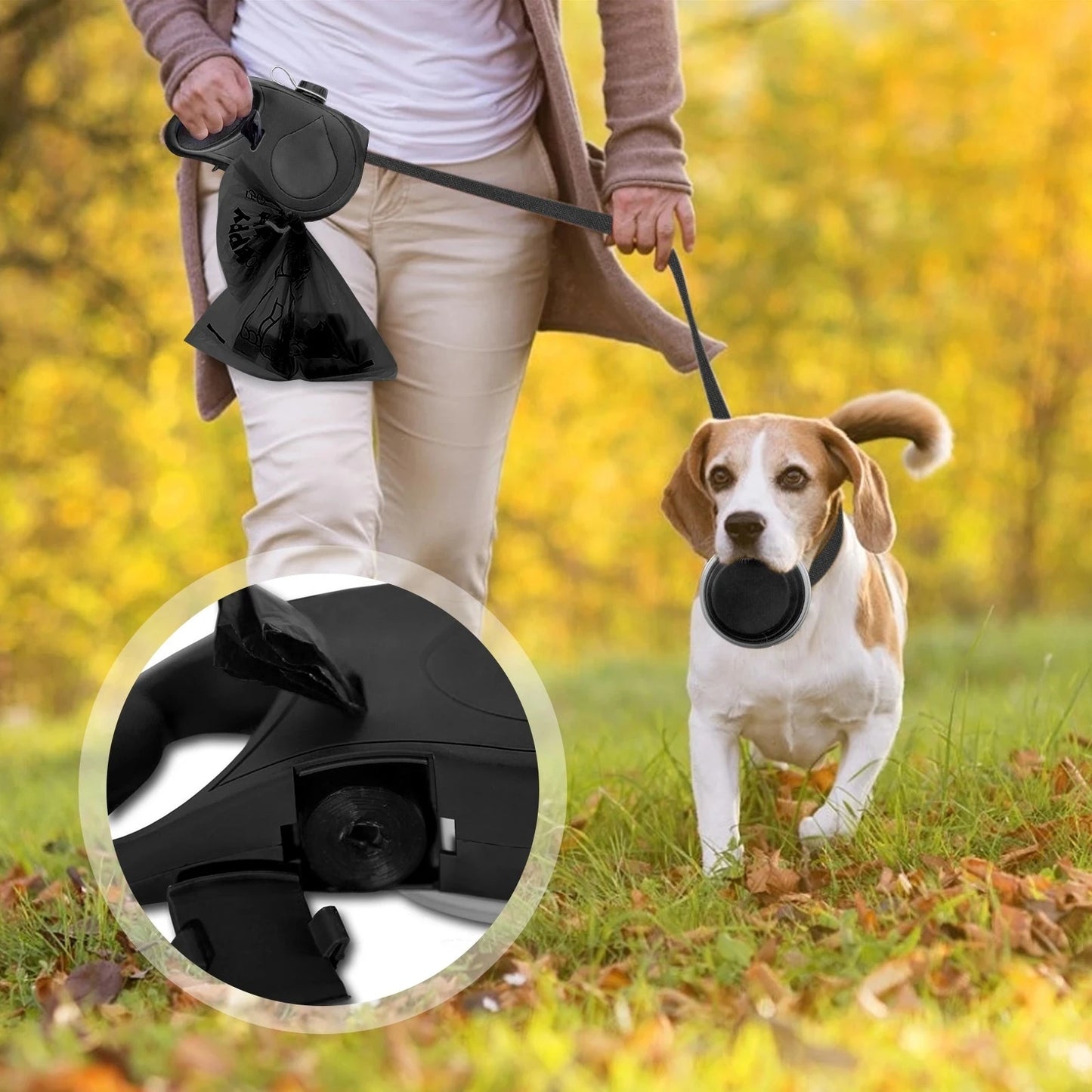 Multifunction Pet Dog Leash with Builtin Water Bottle Bowl Waste Bag Dispenser for Outdoor Walking Traction Rope Pet Accessories